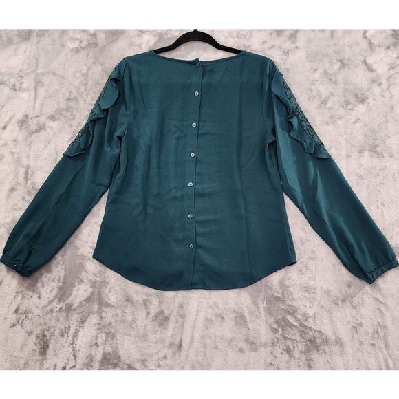 Maurices Ruffled Lace Cold Shoulder Long Sleeve Blouse Size S Green Back Button - Picture 7 of 8